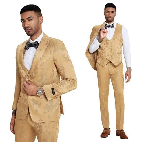 2024 Floral Mens 3PC Suit w/ Double Breasted Vest by Tazzio, Golden