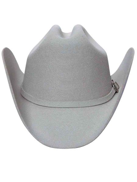 Gray felt cowboy hat. Wide, curved brim and high, creased crown. Simple band with a metal accent. Classic Western style.
