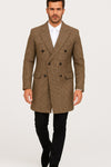 Mens Gray and Light Brown Glen Plaid Wool Overcoat – Double-Breasted Vintage Check OverCoat - Three Quarter Carcoat
