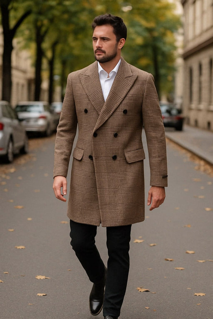Mens Gray and Light Brown Glen Plaid Wool Overcoat Double-Breasted Vintage Check OverCoat - Three Quarter Carcoat