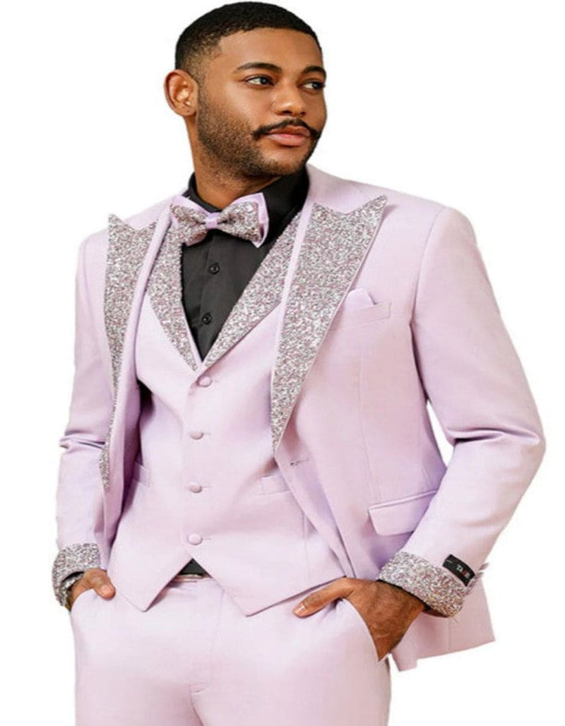 Gray and Pink Prom Tuxedo - Perfect Wedding Suit Vested rhinestone sequin Lapelled