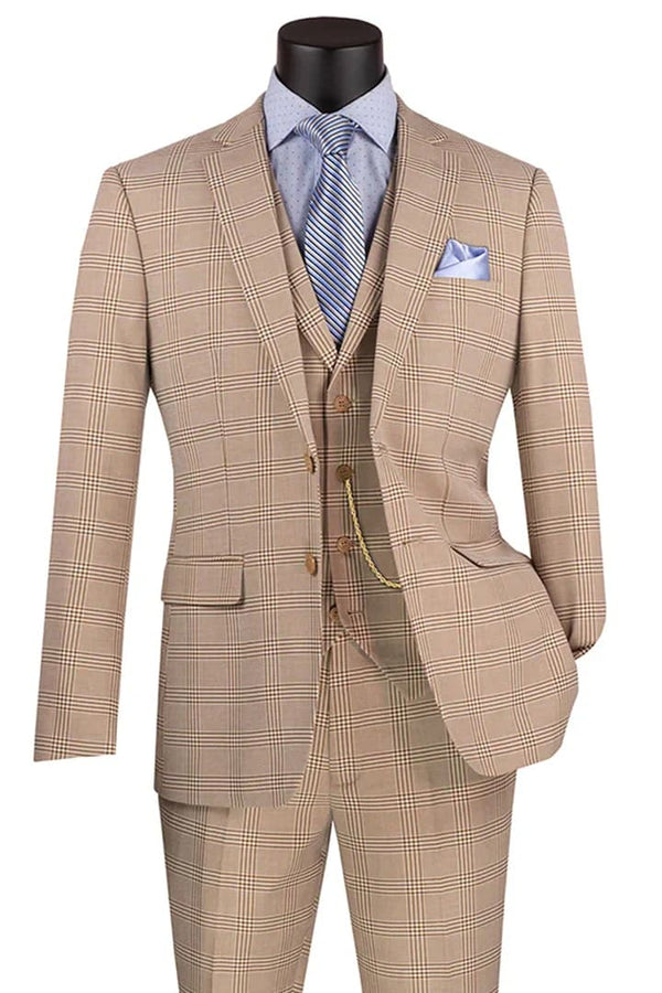 Plaid Suit - Windowpane Suit - Checkered Suit - Mens Vested Beige Suit