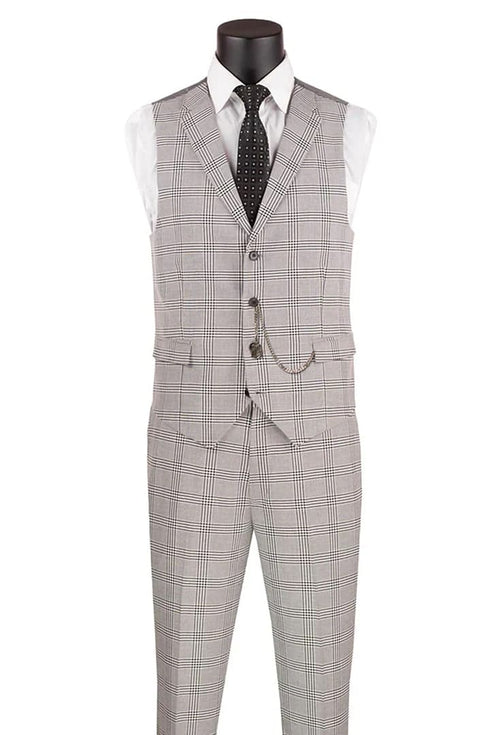 Plaid Suit - Windowpane Suit - Checkered Suit - Mens Vested Light Grey Suit