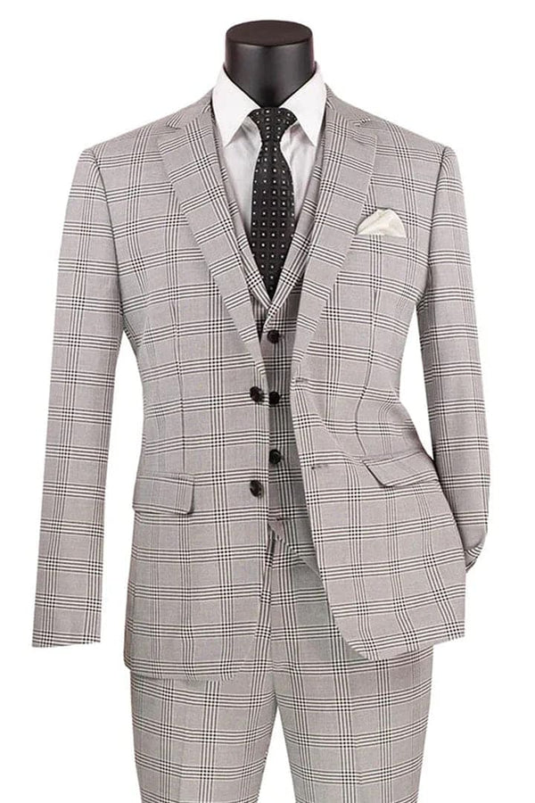 Plaid Suit - Windowpane Suit - Checkered Suit - Mens Vested Light Grey Suit