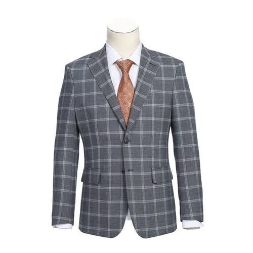Designer Brand - Wool Stretch Single Breasted Slim Grey Suit Windowpane