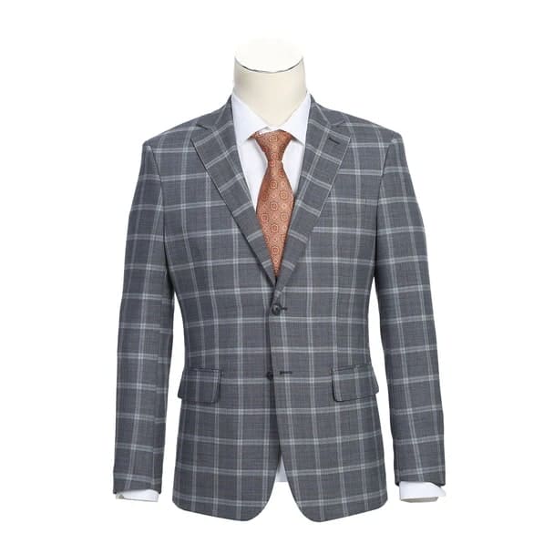 Designer Brand - Wool Stretch Single Breasted Slim Grey Suit Windowpane