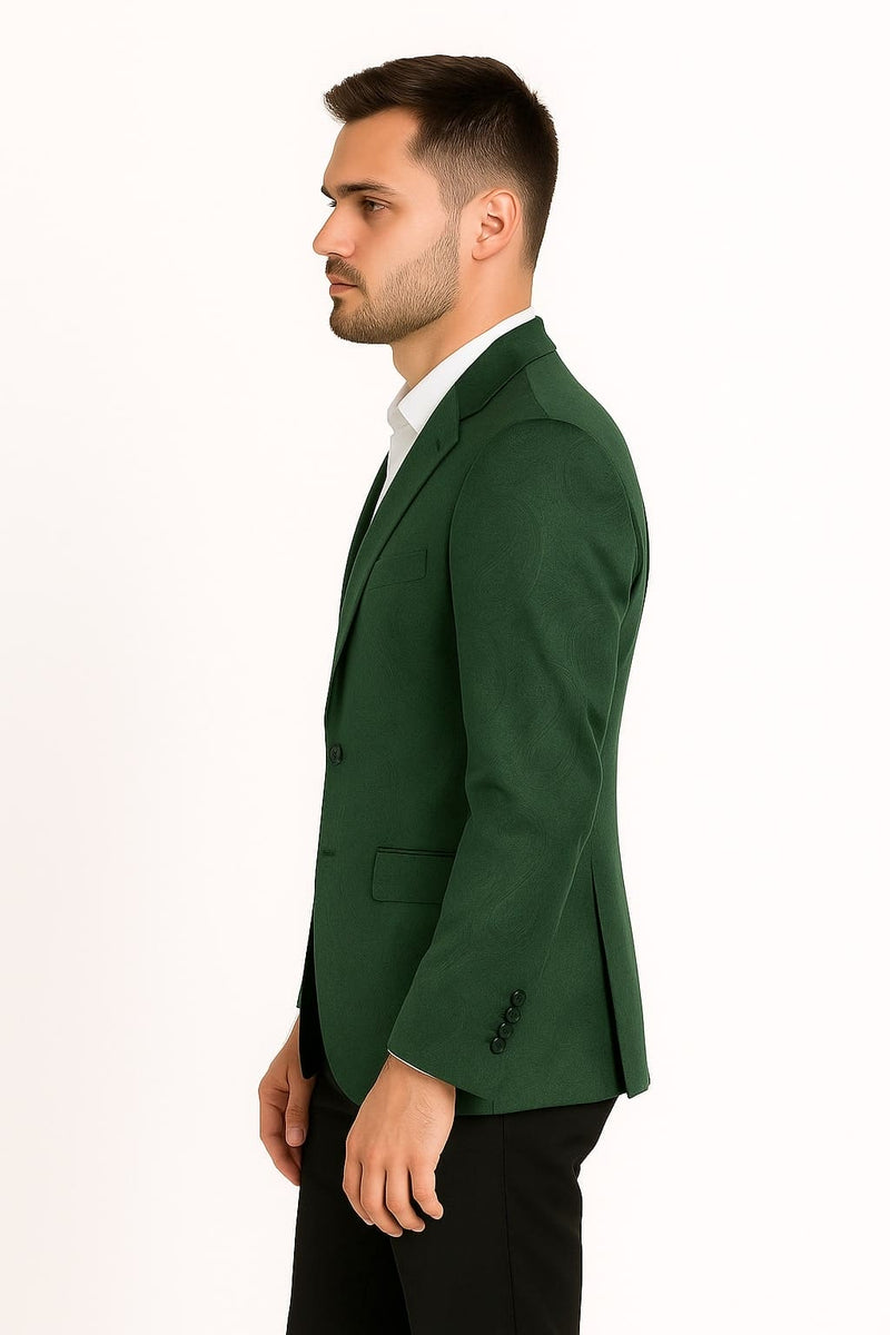 Mens Green Paisley Tuxedo Jacket â€“ Slim Fit Embossed Formal Blazer for Weddings and Special Events in Soft velvet Fabric With Black Pants
