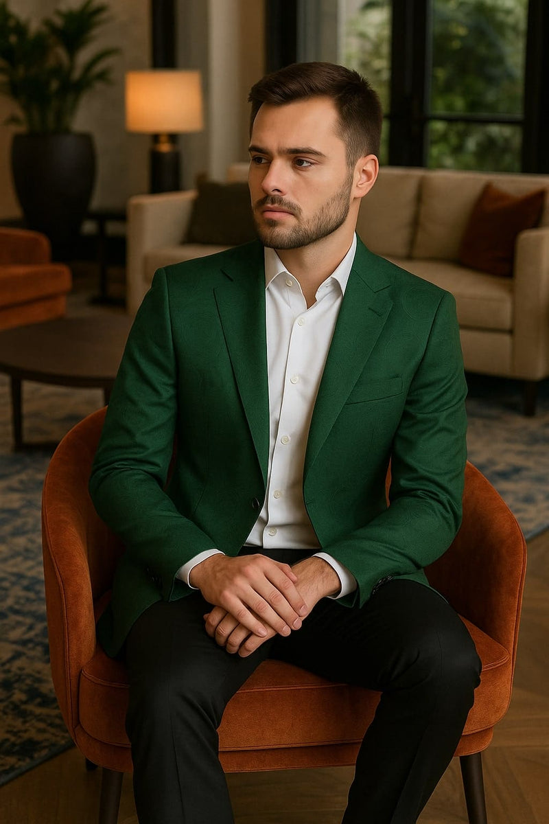 Mens Green Paisley Tuxedo Jacket â€“ Slim Fit Embossed Formal Blazer for Weddings and Special Events in Soft velvet Fabric With Black Pants