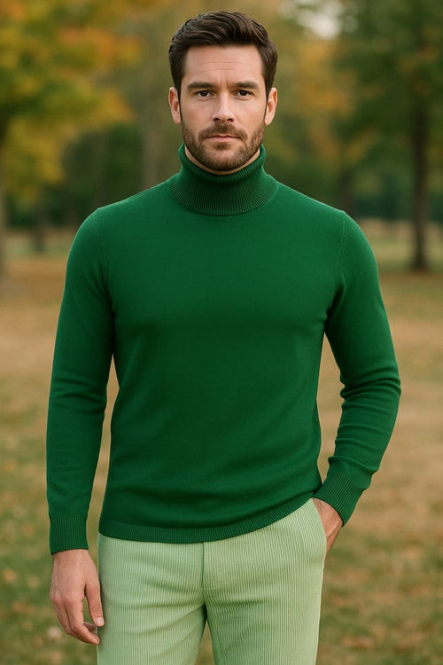 Mens Green Slim Fit Turtleneck Sweater â€“ Lightweight Knit Pullover in Emerald Green