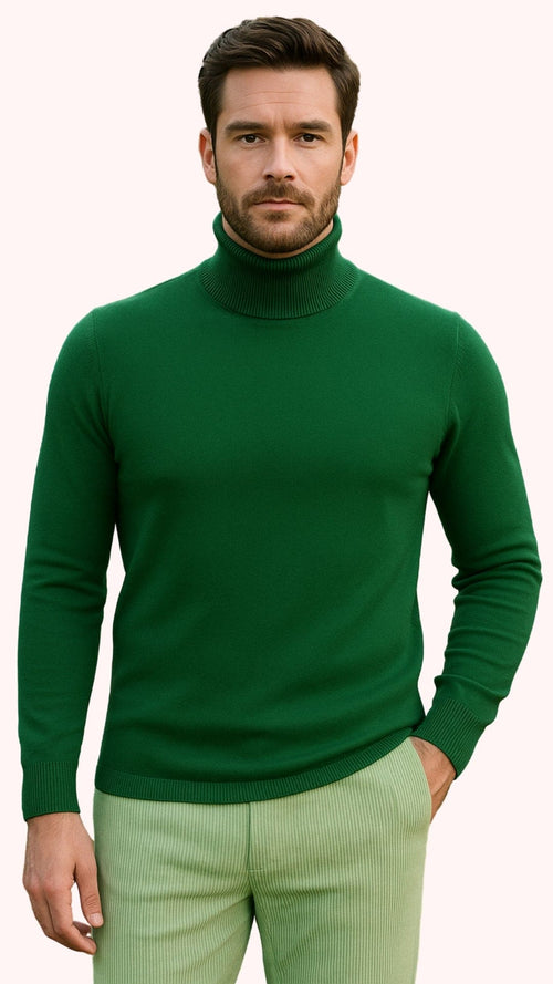 Mens Green Slim Fit Turtleneck Sweater â€“ Lightweight Knit Pullover in Emerald Green