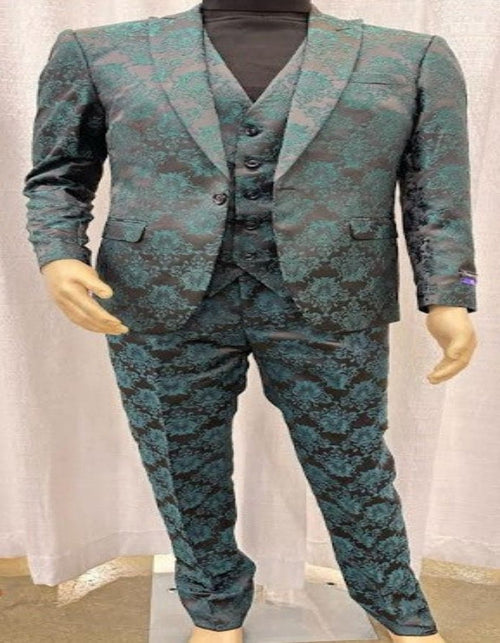Mens Green and Black Brocade Tuxedo Suit â€“ 3 Piece Floral Jacquard Outfit for Weddings and Formal Events - Slim Fitted