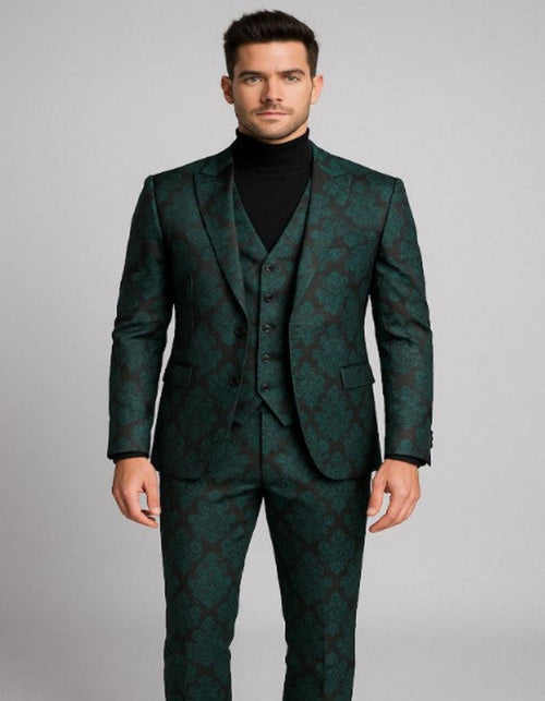 Mens Green and Black Brocade Tuxedo Suit â€“ 3 Piece Floral Jacquard Outfit for Weddings and Formal Events - Slim Fitted