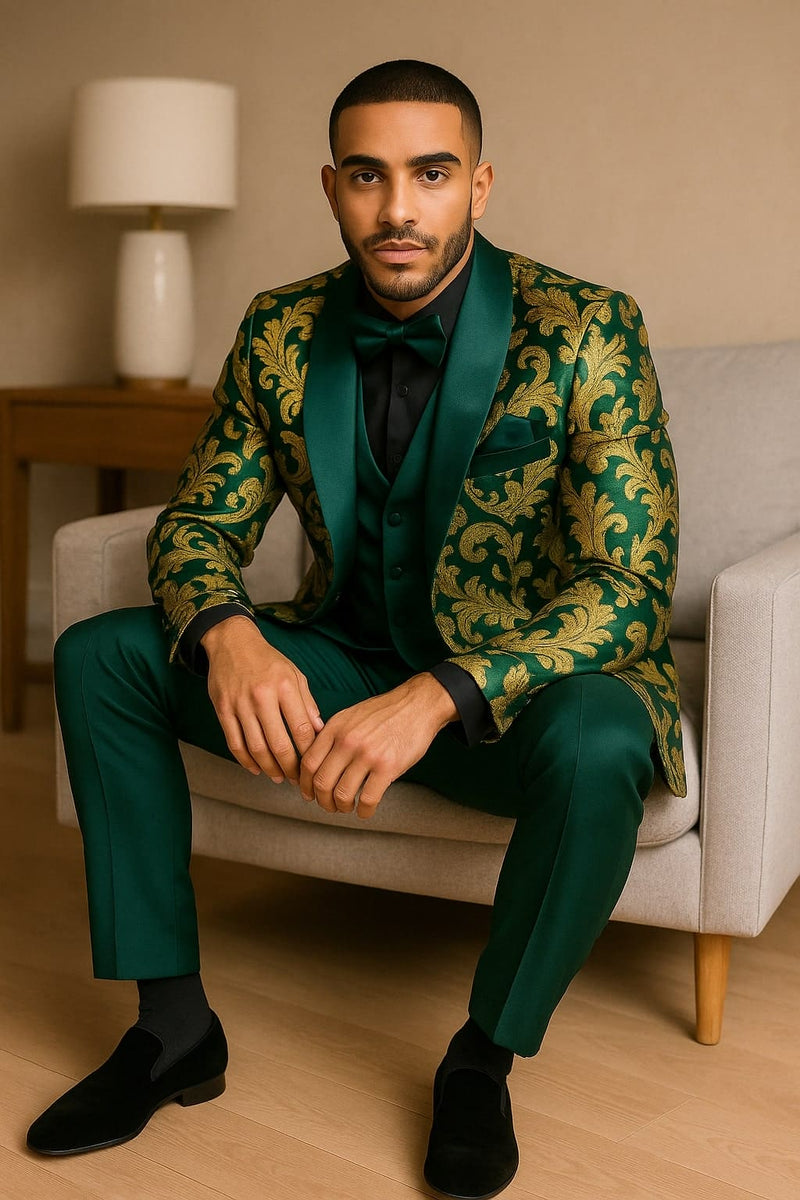 Mens Green and Gold Embroidered Tuxedo â€“ 3-Piece Prom Suit