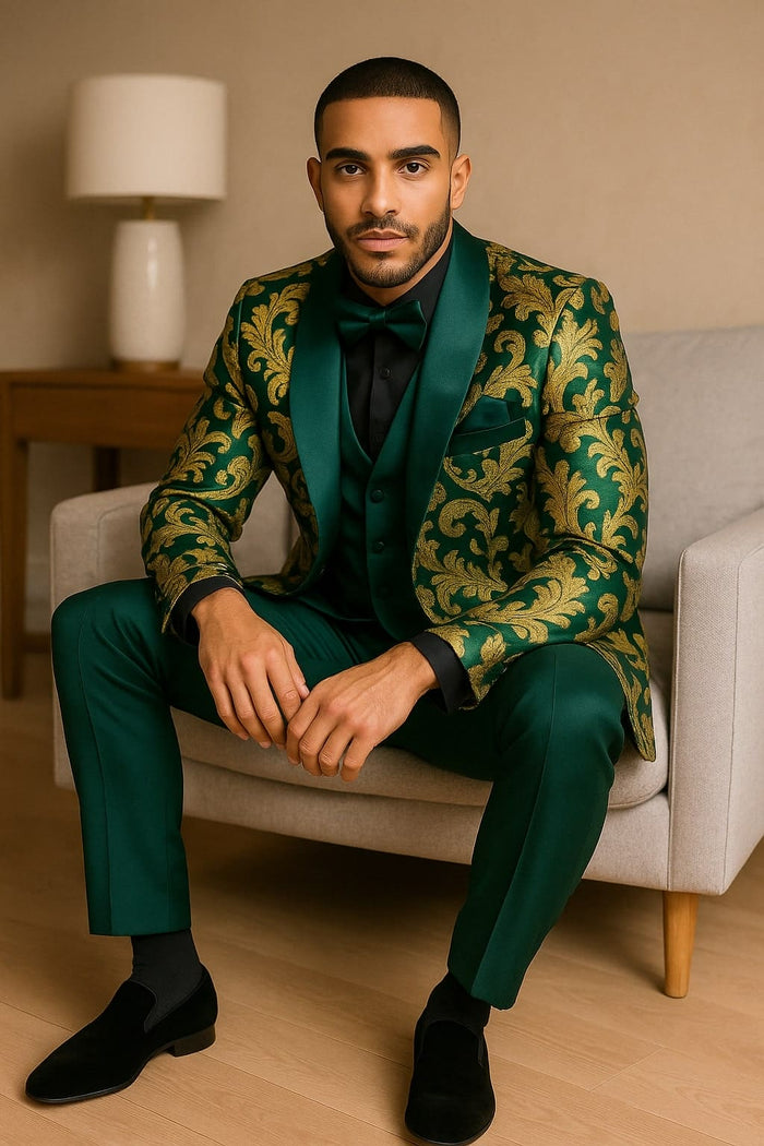 Mens Green and Gold Embroidered Tuxedo â€“ 3-Piece Prom Suit