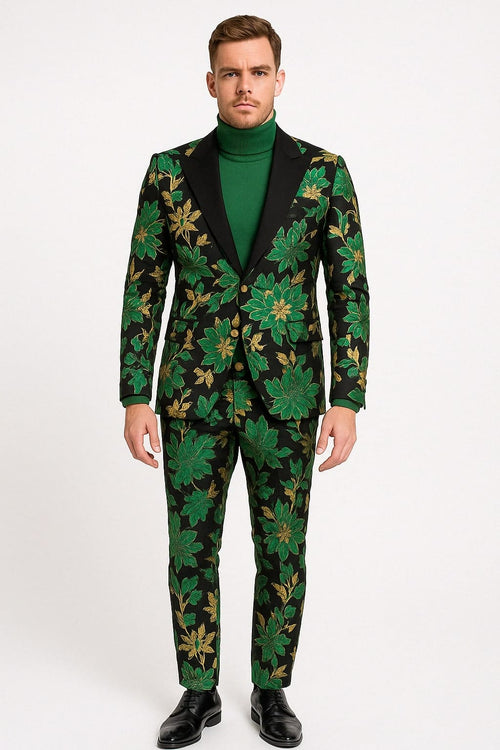 Menâ€™s Green and Gold Floral Tuxedo Suit â€“ Luxury 2 Piece Slim Fit Outfit for Weddings, Proms, and Special Events