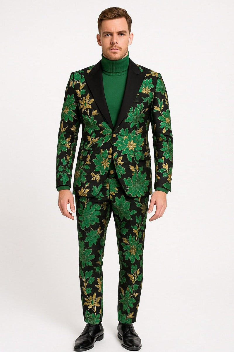 Mens Green and Gold Floral Tuxedo Suit - Luxury 2 Piece Slim Fit Outfit for Weddings, Proms, and Special Events