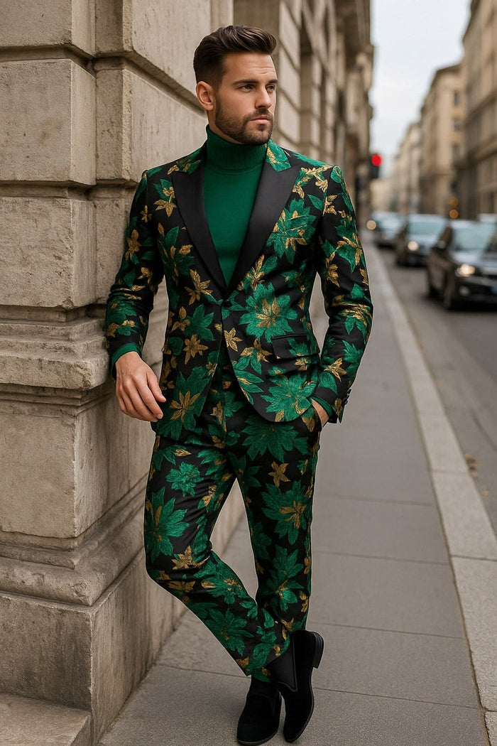Mens Green and Gold Floral Tuxedo Suit - Luxury 2 Piece Slim Fit Outfit for Weddings, Proms, and Special Events