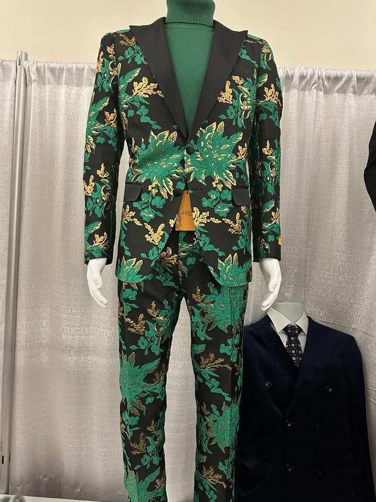 Mens Green and Gold Floral Tuxedo Suit - Luxury 2 Piece Slim Fit Outfit for Weddings, Proms, and Special Events