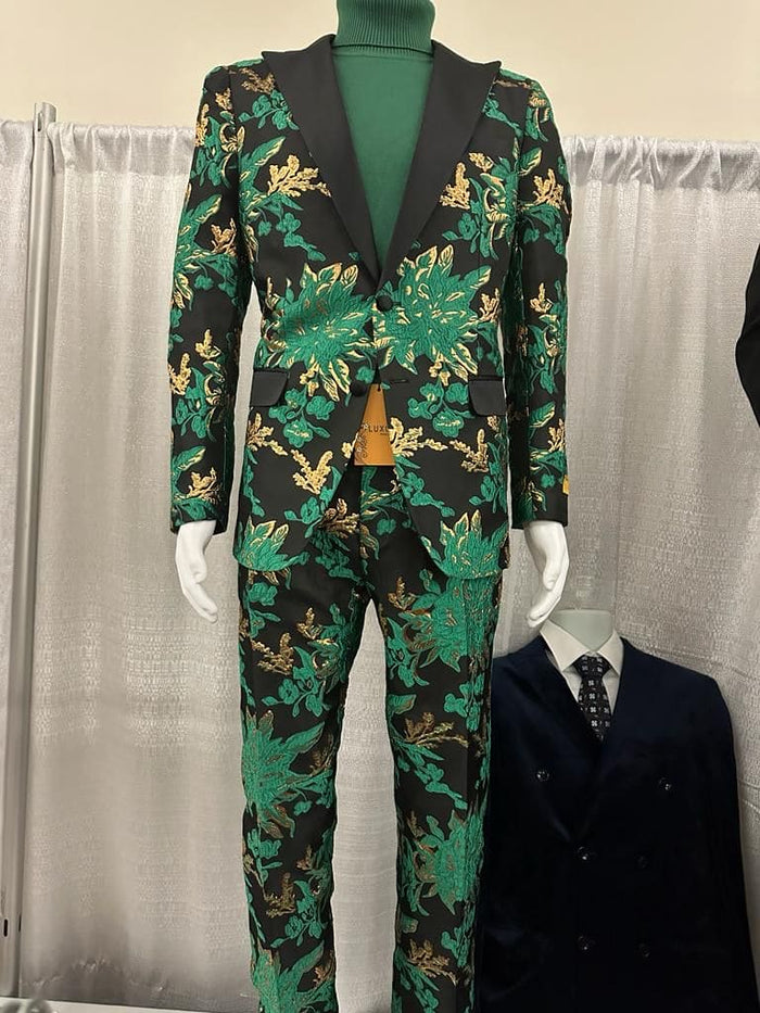 Mens Green and Gold Floral Tuxedo Suit - Luxury 2 Piece Slim Fit Outfit for Weddings, Proms, and Special Events