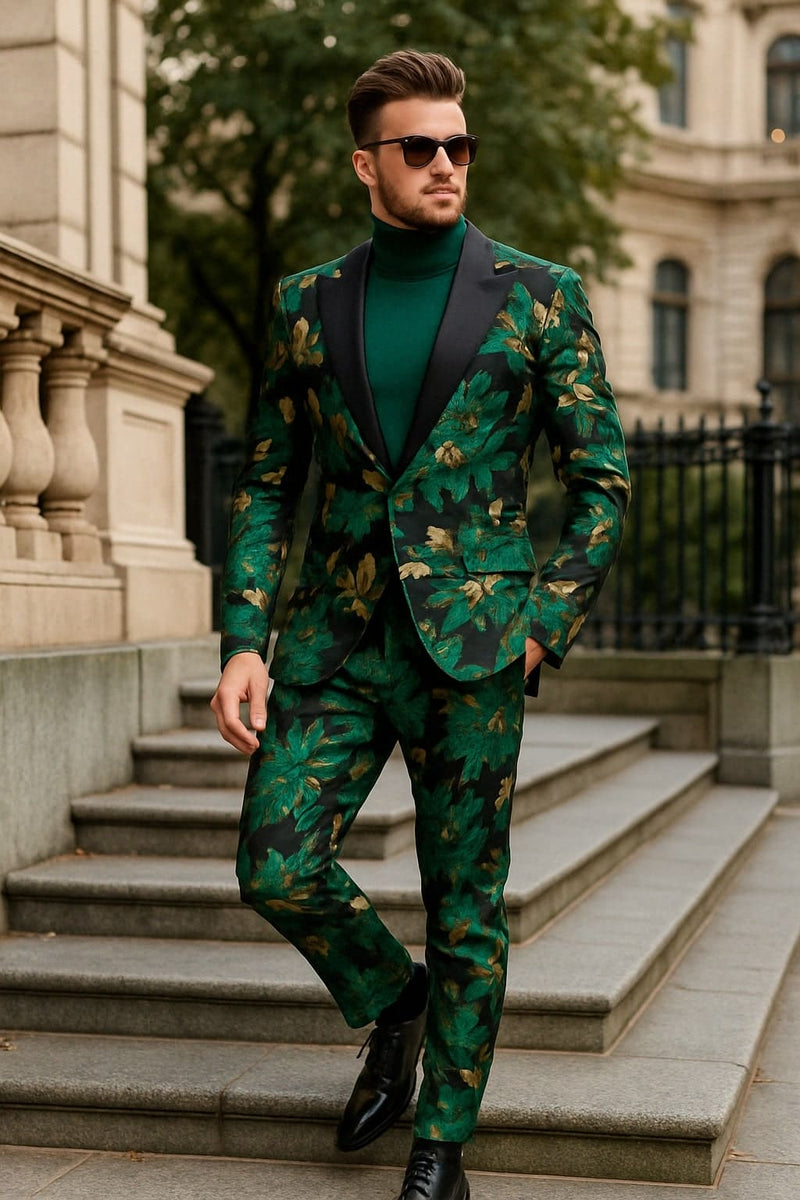 Mens Green and Gold Floral Tuxedo Suit - Luxury 2 Piece Slim Fit Outfit for Weddings, Proms, and Special Events