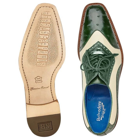 Men's Belvedere Sesto Italian Calf & Ostrich Quill Wingtip Dress Shoe In Green & White