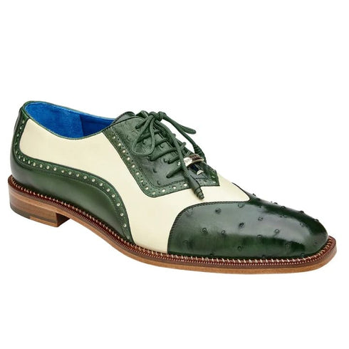 Men's Belvedere Sesto Italian Calf & Ostrich Quill Wingtip Dress Shoe In Green & White