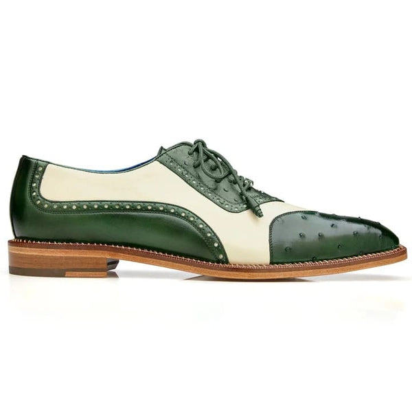 Men's Belvedere Sesto Italian Calf & Ostrich Quill Wingtip Dress Shoe In Green & White