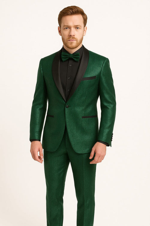 Men's Emerald Green Shiny Tuxedo with Black Satin Lapel and Matching Bow Tie â€“ Ultra Slim Fit