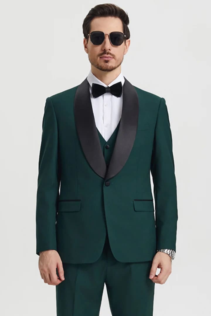 Dark Green Tuxedo - Men's Stacy Adams Vested One Button Shawl Lapel Hunter Green Designer Tuxedo