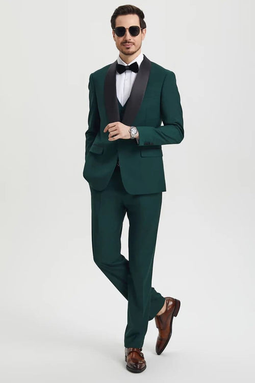 Dark Green Tuxedo - Men's Stacy Adams Vested One Button Shawl Lapel Hunter Green Designer Tuxedo
