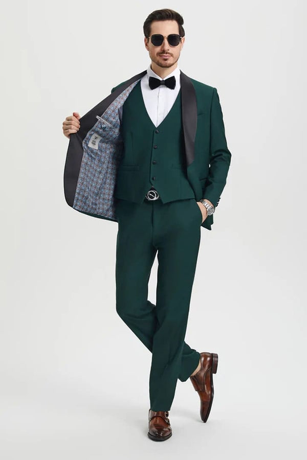 Dark Green Tuxedo - Men's Stacy Adams Vested One Button Shawl Lapel Hunter Green Designer Tuxedo