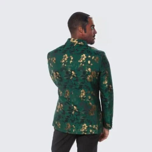 Gold Suit For Prom - Gold Blazer + Matching Pants + Green and Gold Floral Design Tuxedo Jacket Slim Fit - Wedding - Prom