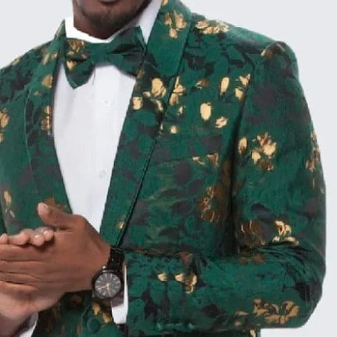 Gold Suit For Prom - Gold Blazer + Matching Pants + Green and Gold Floral Design Tuxedo Jacket Slim Fit - Wedding - Prom