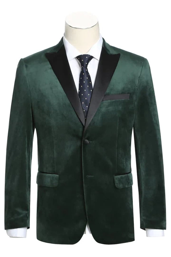 Dark Green Tuxedo - Mens Two Button Peak Lapel Velvet Prom Hunter Green Tuxedo Blazer