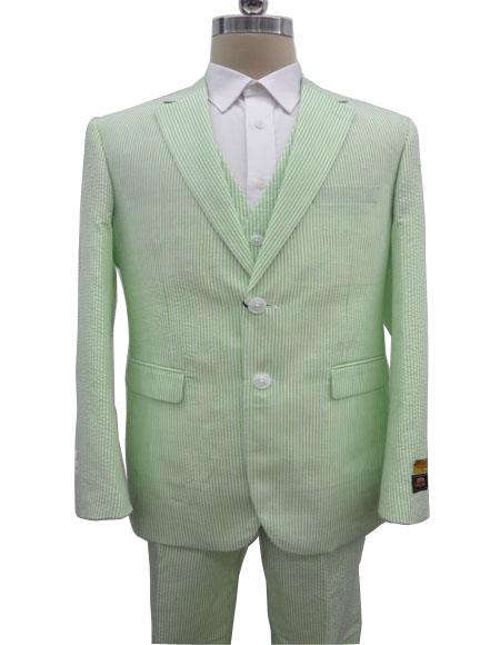 Men's Notch Label Green Colour Summer Seersucker Fabric Jacket + Pants 3 Piece Suit