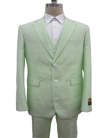 Men's Notch Label Green Colour Summer Seersucker Fabric Vested 3 Piece Suit