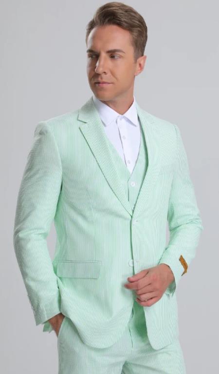 Men's Notch Label Orange Colour Summer Seersucker Fabric Jacket + Pants 3 Piece Suit