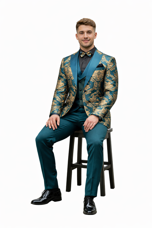 Green and Gold Paisley Floral Wedding Tuxedo Suit with Matching Vest