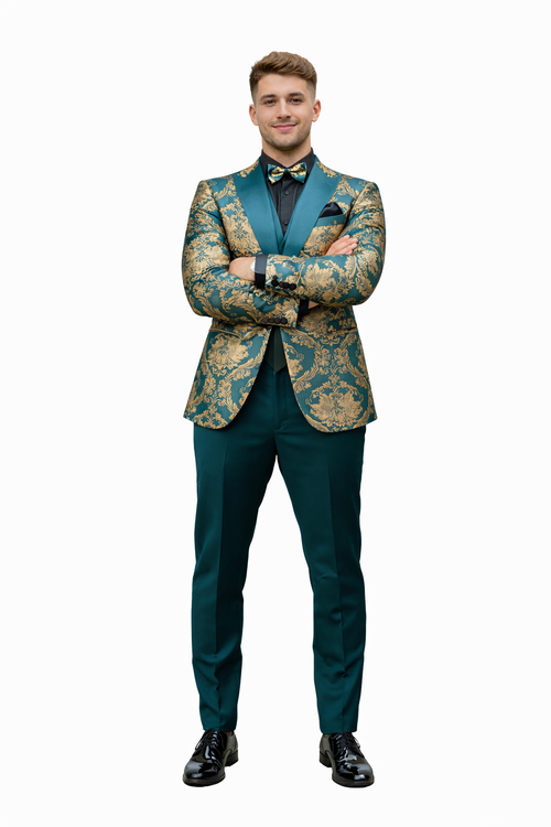 Green and Gold Paisley Floral Wedding Tuxedo Suit with Matching Vest