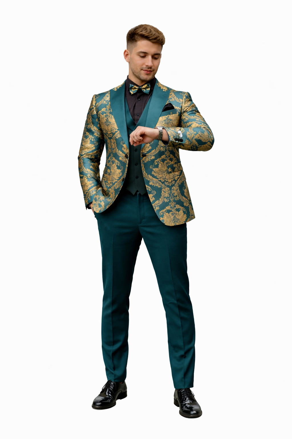 Green and Gold Paisley Floral Wedding Tuxedo Suit with Matching Vest
