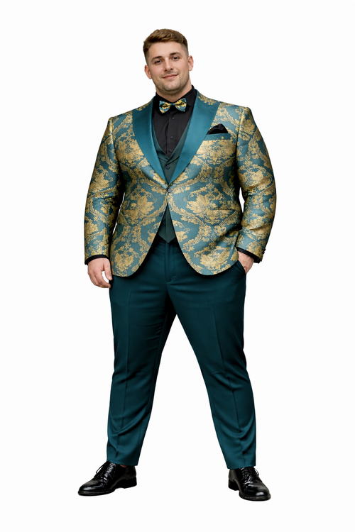 Green and Gold Paisley Floral Wedding Tuxedo Suit with Matching Vest