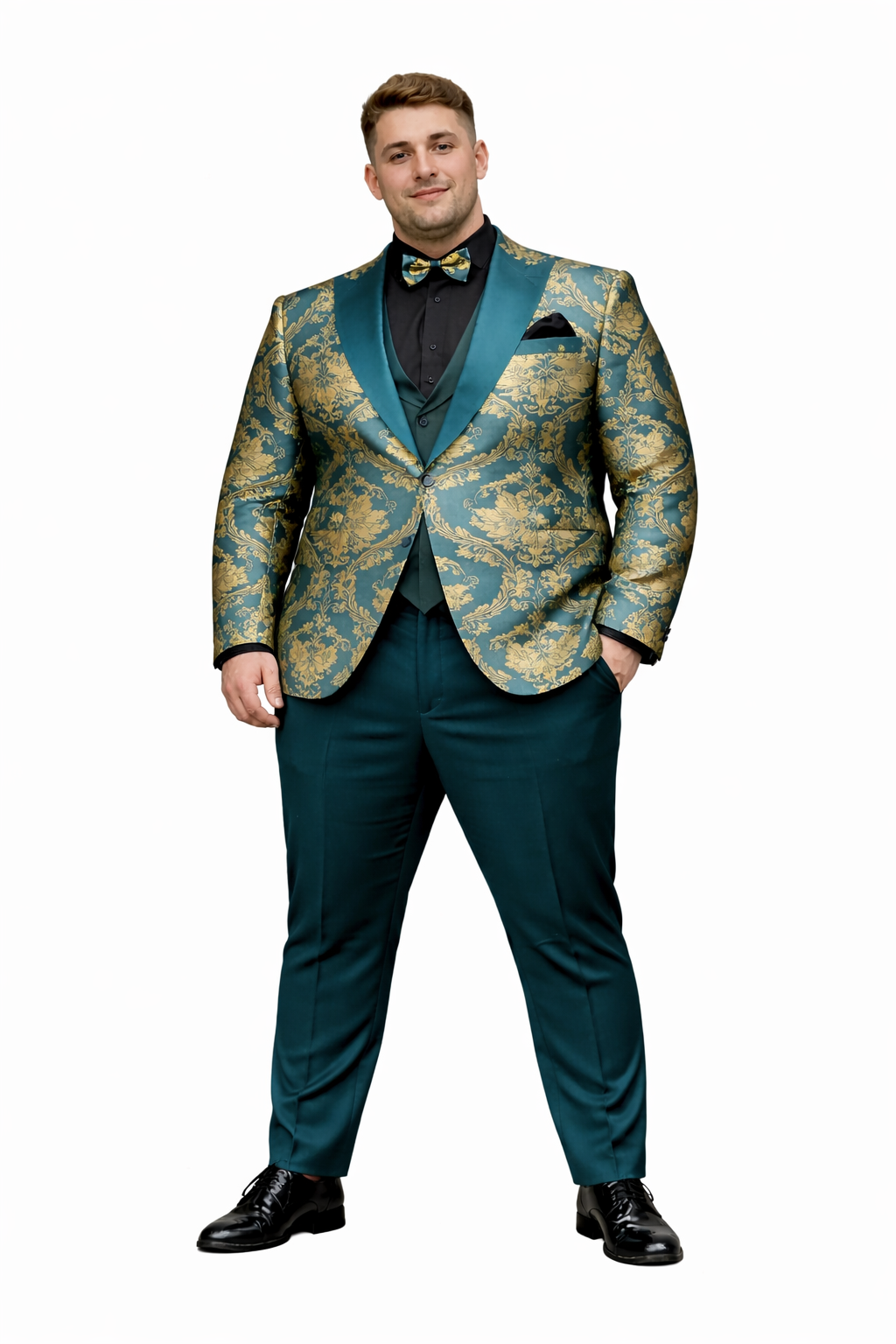 Green and Gold Paisley Floral Wedding Tuxedo Suit with Matching Vest