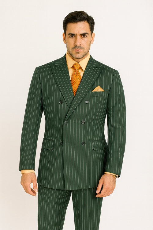 Rockefeller Collection - Double Breasted Stripe Suit Hunter Green Regular Fit 2 Piece