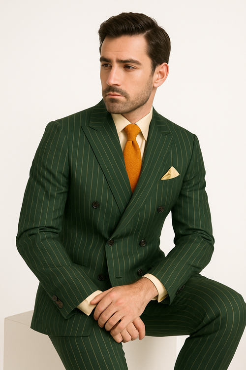 Rockefeller Collection - Double Breasted Stripe Suit Hunter Green Regular Fit 2 Piece