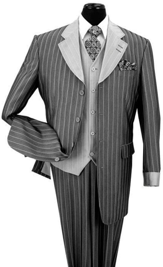 Mens Grey Pinstripe Suit Black Single Breasted Vest - Gray Pinstripe Suit