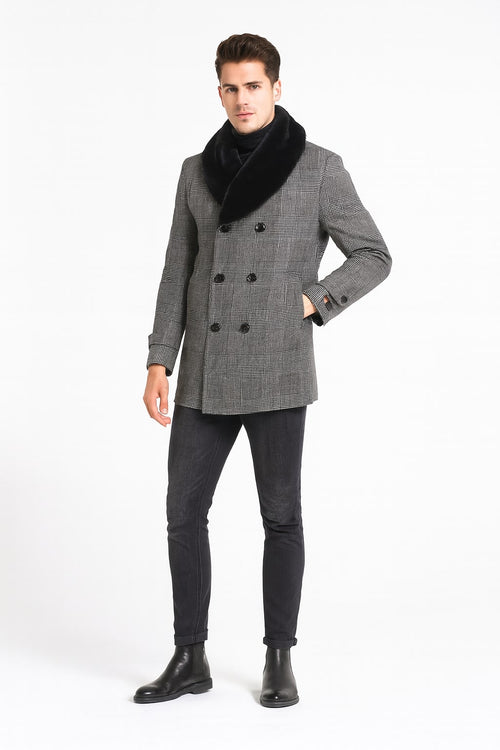 Men's grey plaid double-breasted overcoat with black faux fur collar & structured silhouette. Features checkered grey pattern & classic black buttons.

