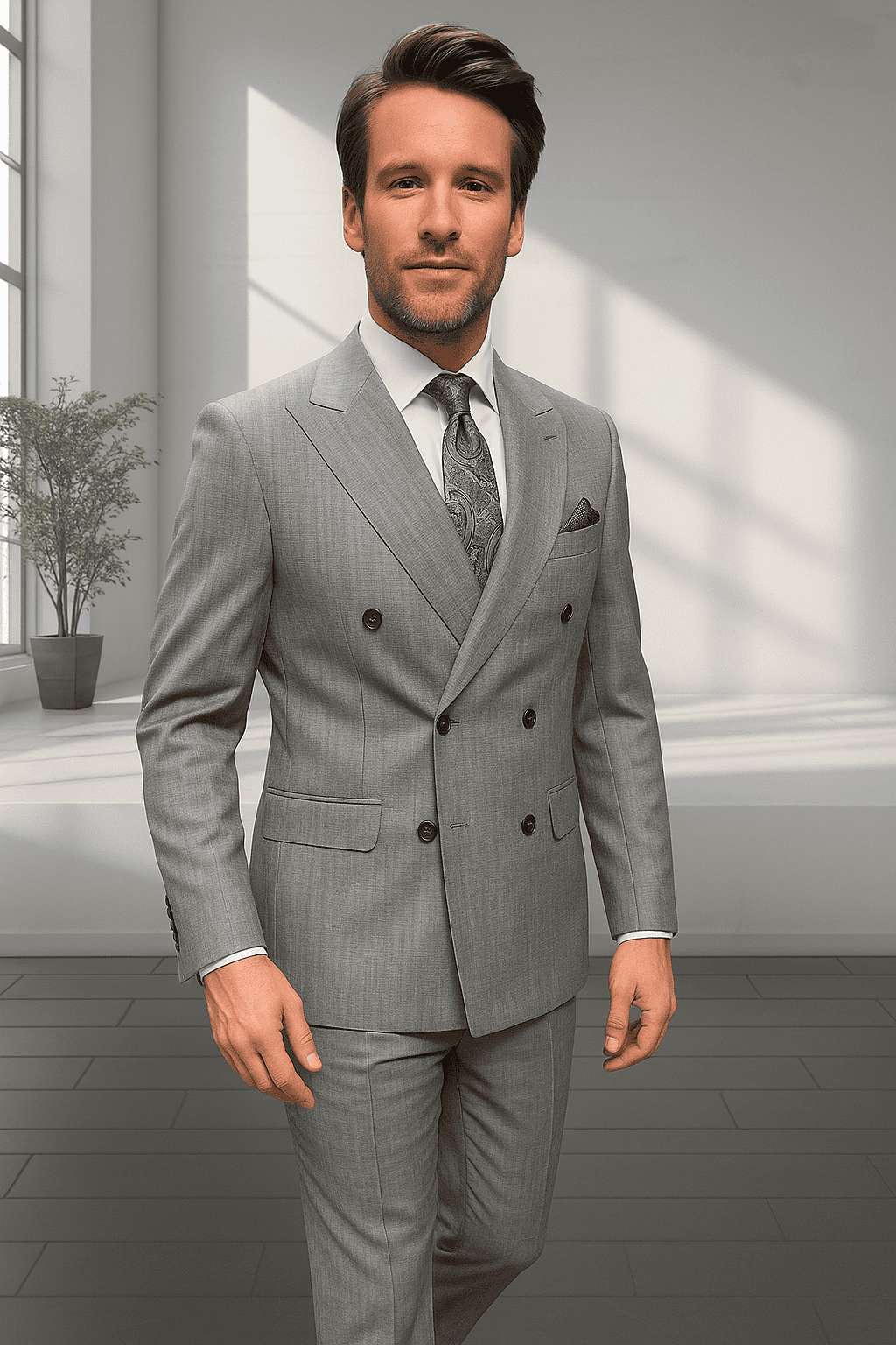 Wool Suit - Italian Made Business Suit by Statement Men's 2 Piece 100% Wool Double Breasted Suit - Pinstripe Pattern