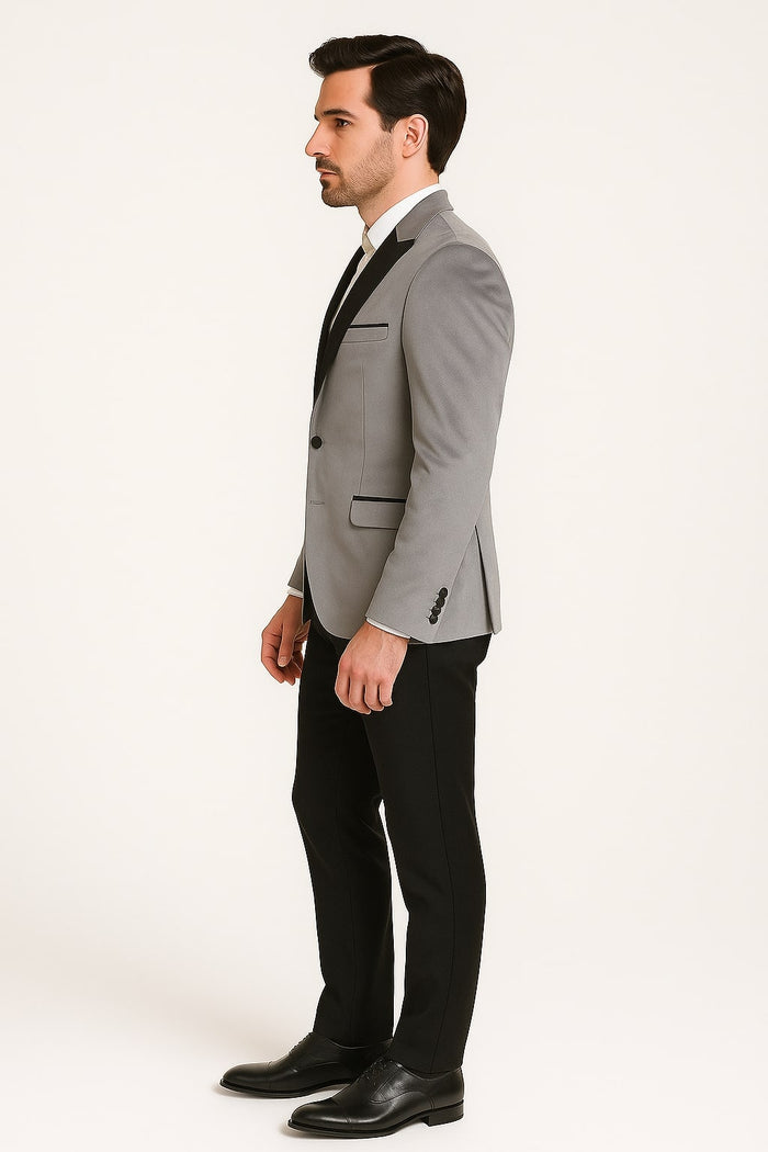 Men's Grey Velvet Tuxedo Jacket with Black Satin Lapel Suit Mens Blazer + Black Pants