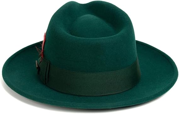 Gangster 100% Australian Wool Crushable Mens Fedora Hat - Removable Feather Gangster  Hunter Green Mens Fedora Hat