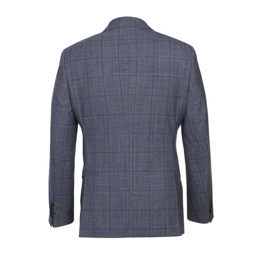 Wool Silk and Linen Double Breasted Slim Fit Grey and Blue Windowpane